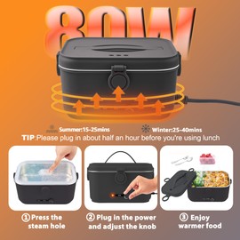 Kimfead Electric Lunch Box for Adults with Temperature Adjustment 80W Heated Lunch Boxes for Men with 1.8L Stainless Steel Container Electric Lunchbox for Work/Car/Truck-110V/12V/24V(Black)