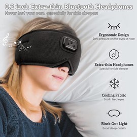 Bluripp Sleep Headphone, 3D Eye Mask with 20 White Noises and Bluetooth Music, Ultra-Thin Stereo Speakers, Adjustable Size, Washable Design, 15H Playtime, Auto-Off Timer, Black
