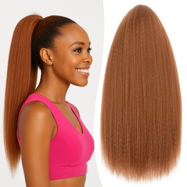 S-noilite Long Drawstring Ponytail Thick Kinky Yaki Straight Pony Tail Hairpieces 24 inch Synthetic Clip in Hair Extension for Black Women Girl Daily Use - Light Auburn