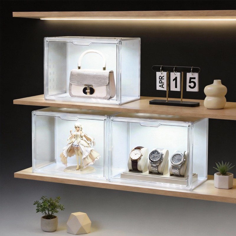 GUDEMAY Clear Acrylic Display Case with Light, Dustproof Stackable Showcase