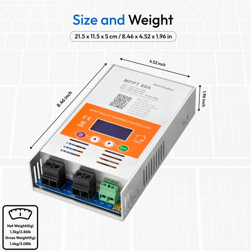 60A MPPT Solar Charge Controller V124 – Upgraded, 12V/24V/48V Auto
