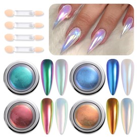 4 Colors Chameleon Chrome Nail Powder Kit, Metallic Mirror Effect Nail Glitter Aurora Iridescent Pearlescent Mermaid Pigment Dust for Gel Polish Nail Art Decoration, Resin Craft