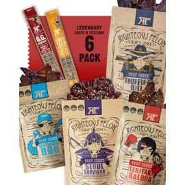 Righteous Beef Jerky Variety Pack Gift Basket - Great Gifts for Men | Gluten Free, High Protein Healthy Snack | Beef, Pork, & Turkey Jerky Variety Snack Pack | Fan Favorites 6 Pack