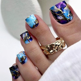 GCSQW Toe Press on Nails Short Square Fake Toe Nails Summer Fashion Marble Design Press on Toenails Acrylic Toe Nail Press ons Blue Purple False Toenails Glue on Toe Nails for Women 24Pcs