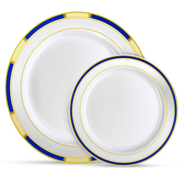 Laura Stein Designer Dinnerware Set | 32 Disposable Plastic Party Plates | Plates with Blue Rim & Gold Accents | Includes 16 x 10.75" Dinner Plates + 16 x 7.5” Salad Plates | Venetian