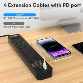 SE UKASE Extension Lead Power Strip Tower, 4 Way Socket 1200 Surge Protection with 2M /6.56FT Long Extension Cord Multi Plug 2990W Safety Shutter for TV PC Laptops Tablets
