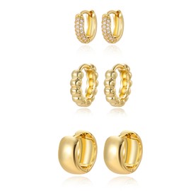 3 Pairs Huggie Hoop Earring Set 18K Gold Plated Cubic Zirconia Cartilage Earrings, Multi Piercings Ear Jacket Earring Climber Stud Earring for Women Everyday Earrings