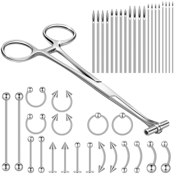 41 Pieces Body Piercing Tool Kit Include Septum Forceps Clamp Pliers 20 Pcs 316L Stainless Steel Piercing Needles and 20 Pcs Nose Ring Hoop Jewelry for Ear Lip Belly Navel Tongue (Classic Style)