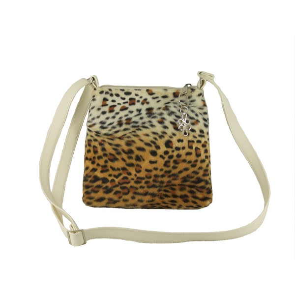 LONI Trendy Animal Print Faux Fur Shoulder/Cross-Body Bag Snow Leopard