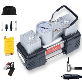 Rleao Classic Tire Inflator for Car Portable Air Compressor Pump with Dial Pressure Gauge Analog 12V LED Light Dual Cylinder with Basic Tools for Pickup Truck, SUV, Sedan, Crossover, Minivan