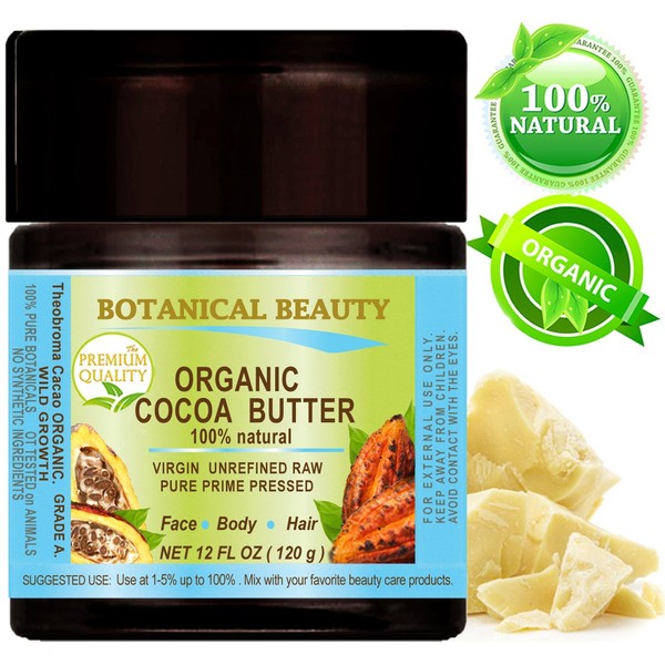 ORGANIC COCOA BUTTER WILD GROWTH RAW 100% Pure / Natural / VIRGIN / UNREFINED / GRADE A. For Skin, Hair, Lip and Nail Care. 12 Fl.oz - 120 g. by Botanical Beauty