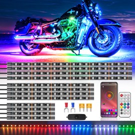 12PCS Chaser Motorcycle LED Lights Kit with APP/RF Remote, RGB+IC Dream Color Motorcycle Lights Underglow Kit with Brake Turn Signal, Neon Strip Multicolor 12v Waterproof for Harley Kawasaki