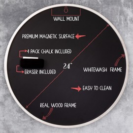 Better Office Products Large Round Magnetic Chalkboard with Wooden Frame for The Home & Office, 24"x24" with Mounting Hardware, 4-Piece Chalk Set, and Eraser Included (White Wash)
