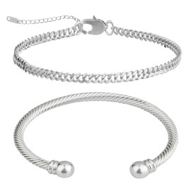 AWARDSEN 2 Pcs Silver Bracelet for Women Bracelets Set Stainless Steel Layered Adjustable Stackable Chain 18+5 CM Women Jewellery for Girlfriends Lover Gift