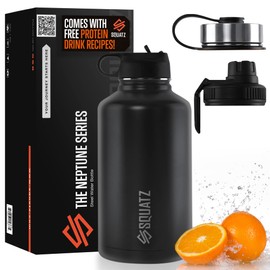 SQUATZ 64 Oz Neptune Series Steel Water Bottle, Stainless Double Wall Vacuum Insulated Flask with Handle Strap, Durable and Elegant Leak Proof Wide Mouth Thermos for Gym, Travel, Hiking, and Camping