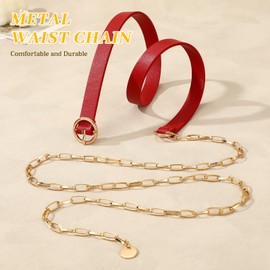 SANSTHS Waist Chain Belts for Dresses Pants Jeans, Women PU Leather Belts With Gold Chain, Red S