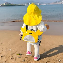 YSGSMOM Kids Mesh Beach Bag, Cute Crab-Shaped Seashell Collecting Bag with Adjustable Strap, Sand Toy Bag for Holding Sea Shell Beach Toy,Yellow