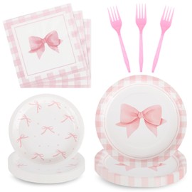 HOZYUANKJ Coquette Birthday Decorations,96 Pcs Pink Bow Party Plates Napkins and Forks Tableware Sets for Girls Birthday Party Decor,Serves 24