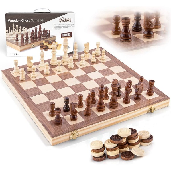 Wooden Chess Set - Handcrafted Chess Pieces - 15 Inch Chess Board - Foldable - Interior Storage Space - Travel Friendly - Felt Bottom - 3 Inch King - Bonus Wooden Checkers Pieces