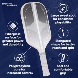 Sport Squad Advanced Pickleball Paddle - Graphite Fiberglass Surface w/Polypropylene Honeycomb Core - USAP Approved - Elongated Shape for More Power, Lightweight, High-Performance w/Enhanced Grip