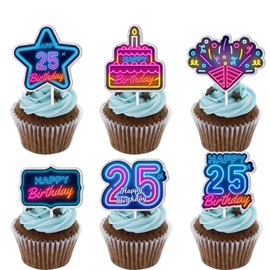 18pcs Blue Fluorescence Glitter Dessert Cupcake Topper Cheer to Let’s Glow Crazy Happy 25th Birthday Theme Decoration Supplies Anniversary Wedding Party Decor Supplies