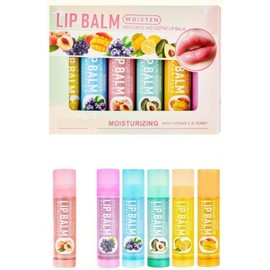 Moisturizing Fruit Flavored Lip Balm Set with Vitamin E & Honey, 6 Pack, Multi-Flavor 0.16 oz each. Nectarine, Mango, Lemon, Avacado, Grape, and Blueberry