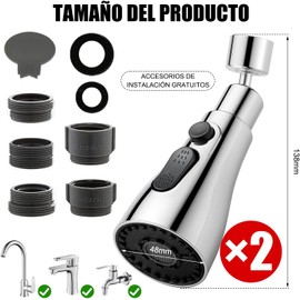 2 Pcs Aireador de Grifo Cocina Giratorio a 360°, Extensor de Grifo, Grifo De Filtro De Salpicaduras Universal Con 3 Modos De Salida De Agua, FM22 FM24 G1/2 Cabezal de Repuesto con Adaptadores
