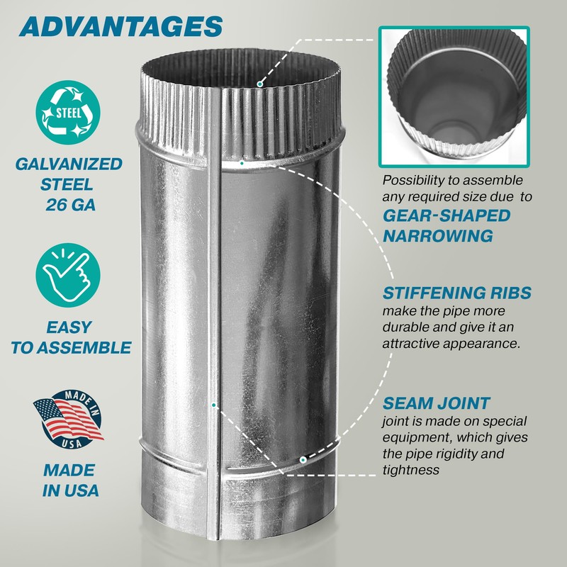 FilProfi - (6-Inch, length 12inch) Round Dryer Duct. Galvanized Bathroom