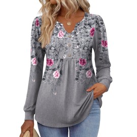 Zeagoo Womens Fall Tops Dressy Casual Long Sleeve Blouse Trendy 2025 Floral Shirts Henley Button V Neck Flowy Pleated Tshirt