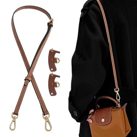 No Punch Replacement Adjustable Bag Straps, Brown handbag straps crossbody with 2 Adapters, Durable PU Leather Mini Bags Shoulder Strap Women(Brown & gold buckle)