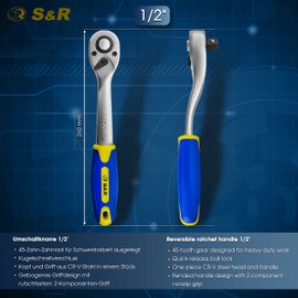 S&R Reversible ratchet 1/2 inch, CrV steel, reversible ratchet for left and right tightening, angled 2-component handle, square output, lever ratchet 45 teeth, actuation angle 8°