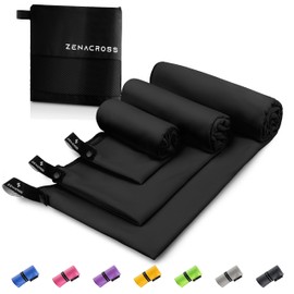 ZENACROSS Microfibre Towel (Set of 3) with Carry Bag - Quick-Drying and Versatile Fitness Towel - Sports Towel Sizes S, M, L - Black