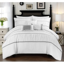 Chic Home Cheryl 10 Piece Comforter Set Complete Bed in a Bag Pleated Ruched Ruffled Bedding with Sheet Set and Decorative Pillows Shams Included, King White