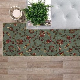 Kapaqua Custom Size Teal Green Floral Rubber Backed Non-Slip Hallway Stair Runner Rug Carpet 22 inch Wide Choose Your Length 22in X 2ft