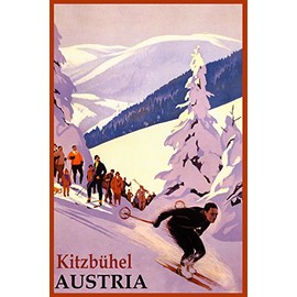 WINTER SPORTS KITZBUHEL SKI RESORT AUSTRIA MOUNTAINS DOWNHILL SKIING TRAVEL VINTAGE POSTER REPRO ON PAPER OR CANVAS (12" X 16" IMAGE ON CANVAS)