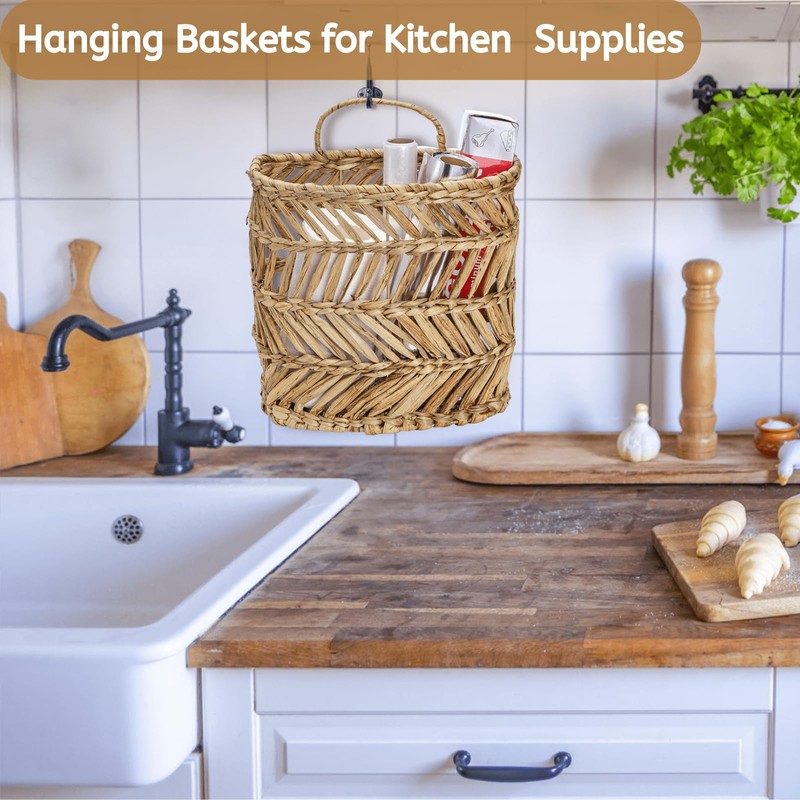 YOUEON Large Woven Hanging Storage Basket, 12x5x14 Inch Natural Water