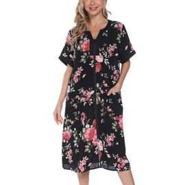 YOZLY Women's Short Sleeve House Dress Zipper Front Housecoat with Pockets Floral Red, Large