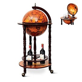 Safstar Wood Globe Wine Bar Stand, 16th Century Italian Replica Liquor Bottle Shelf w/Wheels, 17’’ Retro Brown Wooden Wine Cart