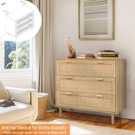 Finnhomy 3 Drawer Dresser for Bedroom 35.43” Wide Wooden Bedroom Dressers with Drawers, Rattan Dresser Modern Cane Dressers Chest of Drawers Wood Oak 3 Drawer Dresser for Bedroom Hallway Living Room