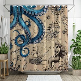 Luminora Brown Nautical Octopus Shower Curtain for Bathroom Fun Ocean Pirate Ship Treasure Map Home Decorations Sets with 12 Hooks Waterproof Polyester 72" x 72"