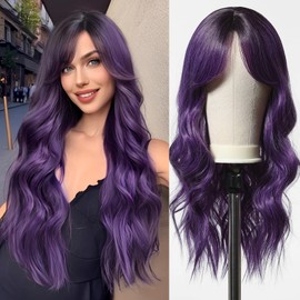 Esmee Long Curly Purple Wig for Women Synthetic Hair with Bangs Wave Wigs with Dark Roots Daily Cosplay High Density Heat Resistant Use-26Inches…