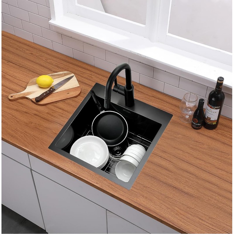 VALISY 18x18 Inch Black Bar Sink Drop In, Topmount Stainless