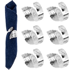Framendino, Silver Leaf Napkin Rings Set of 6 Metal Holder for Wedding Anniversary Table Dinner Decor