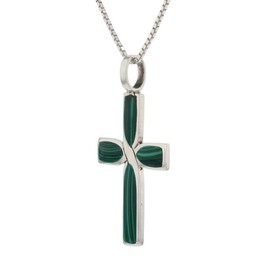 Jewelry Trends Sterling Silver Cross Pendant with Green Created Malachite Stone on Chain Necklace