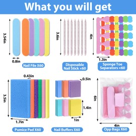 Lanties 60 Sets Disposable Pedicure Kit Individually Package 5 in 1 Pedicure Tools Pumice Stone for Feet 80/100 Grit Nail File Mini Buffer Block Toe Separator Cuticle Pusher Clear Bag for Salon Home