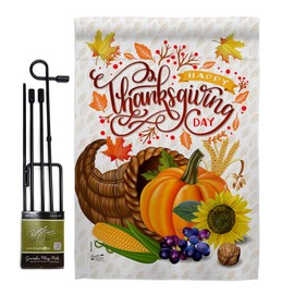 Thanksgiving Cornucopia Garden Flag - Set with Stand Fall Turkey Give Thanks Gobble Pumpkin Season Autumntime - House Decoration Banner Small Yard Gift Double-Sided Made In USA 13 X 18.5