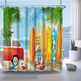 Renaiss 72x72 Inches Summer Surfboard Shower Curtain Tropical Seaside Palm Tree Sea Waves Seaside Island Tour Bus Car Beach Themed Fabric Shower Curtains for Bathroom Decor Waterproof with Hooks