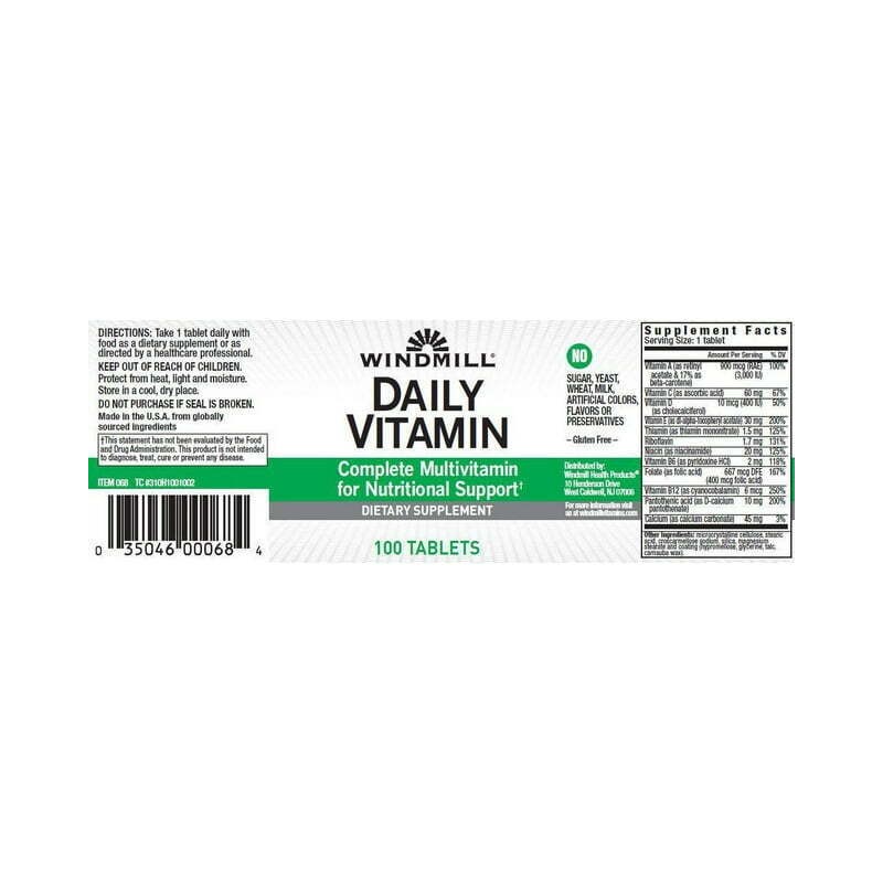 Windmill Daily Vitamin Complete Multivitamin for Nutritional Support 100 Count