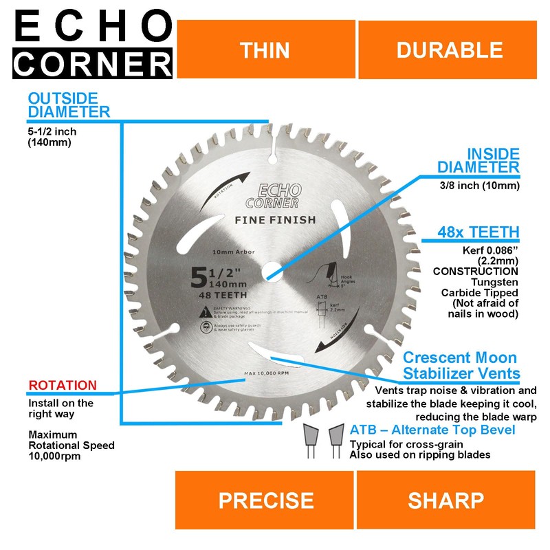 Echo Corner 5-1/2" (10mm Arbor) Circular Saw Blades 48Tooth+24Tooth, Heavy