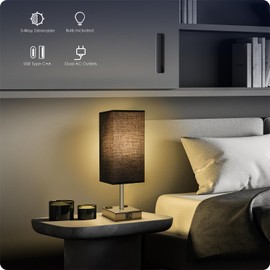 Bedside Lamp with USB Ports - Touch Control Table Lamp for Bedroom with USB C+A Charging Ports & AC Outlets, 3 Way Dimmable Nightstand Light for Living Room (Bulb Included, Black)